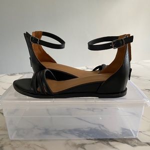 Black leather low heel wedge sandals -brand new/never worn